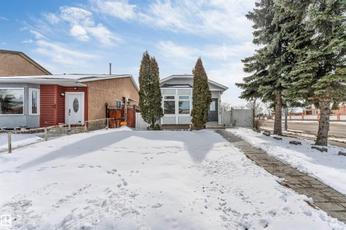 The property features a front yard with a paved walkway and mature evergreen trees - 10865 21 Ave, Edmonton, AB - Outdoor