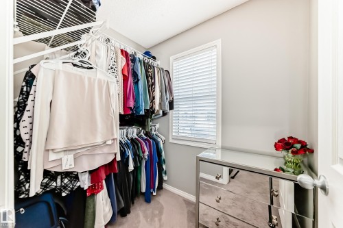 The property features a walk-in closet with ample hanging space and shelving, a window with blinds, and carpeting - 86 4029 Orchards Drive, Edmonton, AB - Indoor With Storage