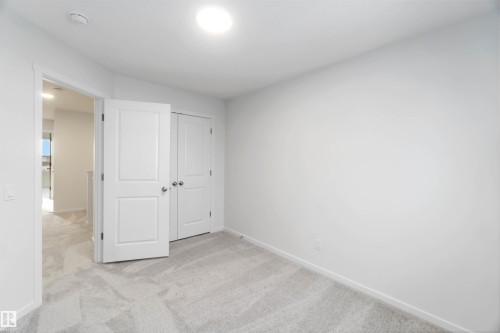 The room features light gray carpet flooring, white walls, and a round overhead light fixture - 5452 Hawthorn Run, Edmonton, AB - Indoor Photo Showing Other Room