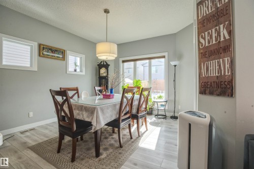 This dining area features light-colored flooring, a modern drum pendant light fixture, and large windows that provide natural illumination - 20503 99 Avenue, Edmonton, AB - Indoor Photo Showing Dining Room