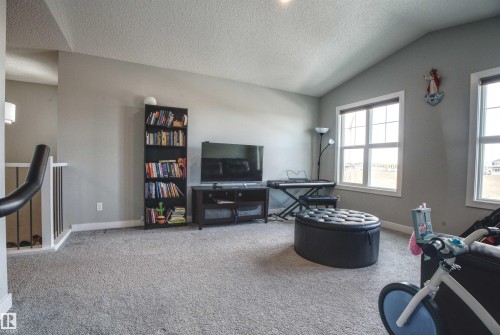 This inviting space features vaulted ceilings and light grey walls, complemented by carpeting throughout - 20503 99 Avenue, Edmonton, AB - Indoor