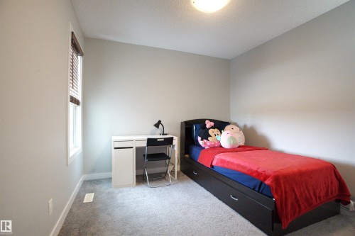 This room features a window with blinds, light gray walls, and gray carpet flooring - 20503 99 Avenue, Edmonton, AB - Indoor Photo Showing Bedroom