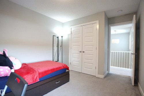This room features neutral-toned walls, light-colored carpeting, and a closet with double white doors - 20503 99 Avenue, Edmonton, AB - Indoor Photo Showing Bedroom