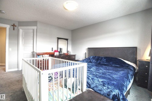 This room features neutral-toned walls and carpeting, a ceiling-mounted light fixture, and a paneled white door with white trim - 20503 99 Avenue, Edmonton, AB - Indoor Photo Showing Bedroom