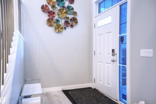 The property features a front entrance with a white paneled door, sidelight windows, and a transom window - 20503 99 Avenue, Edmonton, AB - Indoor Photo Showing Other Room