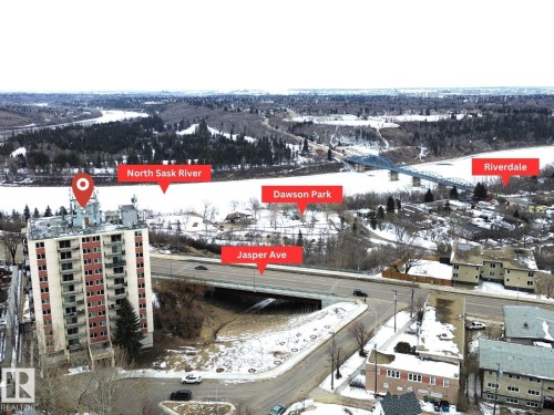 Aerial view of the high-rise property, featuring balconies, with views of the North Saskatchewan River, Dawson Park, the Riverdale area, and Jasper Avenue - 804 9028 Jasper Avenue, Edmonton, AB - Outdoor With View