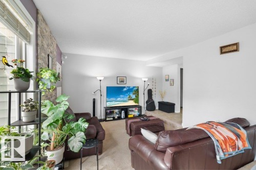 Inviting living area featuring a large window with blinds, a textured accent wall, and carpeted flooring - 638 Saddleback Road, Edmonton, AB - Indoor