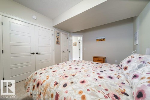 This room features light-colored walls and soft carpet flooring, providing a neutral backdrop - 3 8050 Orchards Green, Edmonton, AB - Indoor Photo Showing Bedroom