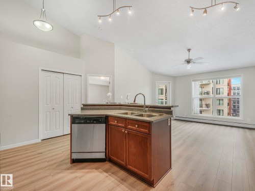 The kitchen features a stainless steel dishwasher, a double basin sink, and wood cabinetry - 515 10311 111 Street, Edmonton, AB - Indoor Photo Showing Kitchen With Double Sink