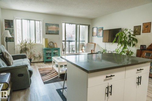 The living area features light wood-style flooring, a sliding glass door to a balcony, and a prominent kitchen island with a dark countertop and white cabinetry - 303 10432 76 Avenue, Edmonton, AB - Indoor Photo Showing Living Room