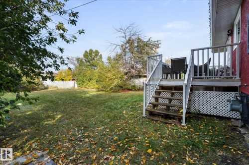 The property features a backyard with a spacious lawn and mature trees - 11124 110A Avenue, Edmonton, AB - Outdoor