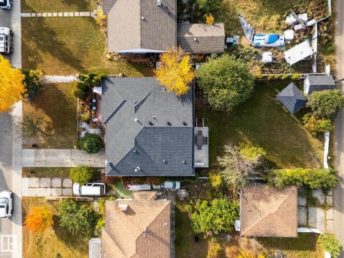 The property features a dark-colored roof, a spacious yard with green grass, and mature trees - 11124 110A Avenue, Edmonton, AB - Outdoor With View