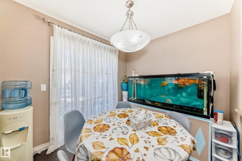 This room features neutral-toned walls, a decorative overhead light fixture, and a large window with sheer white curtains - 23 445 Brintnell Boulevard Nw, Edmonton, AB - Indoor Photo Showing Other Room