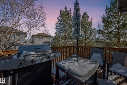 Expansive wood deck with a wooden railing and a view of trees - 23 445 Brintnell Boulevard Nw, Edmonton, AB - Outdoor