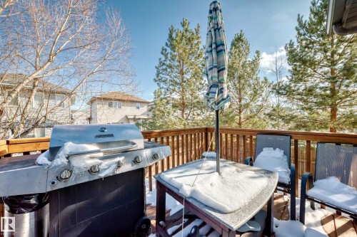 The property features an outdoor deck with wooden railings, providing views of pine trees - 23 445 Brintnell Boulevard Nw, Edmonton, AB - Outdoor With Deck Patio Veranda
