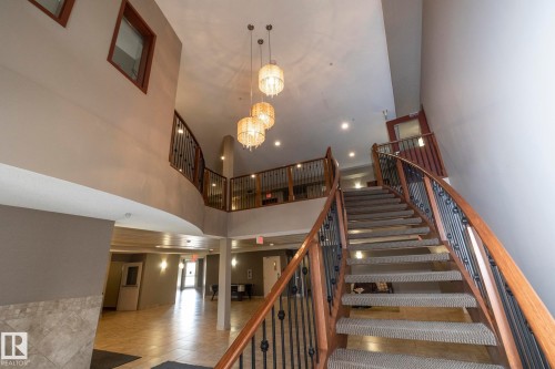 The property features a grand staircase with carpeted treads, a dark metal baluster, and a wooden handrail - 416 263 Macewan Road, Edmonton, AB - Indoor Photo Showing Other Room