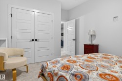 The room features carpeted flooring and white walls, with two white doors showcasing modern black hardware - 