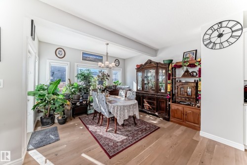 This inviting dining area features hardwood floors, a decorative area rug, and ample natural light from multiple windows - 22407 99 Avenue, Edmonton, AB - Indoor