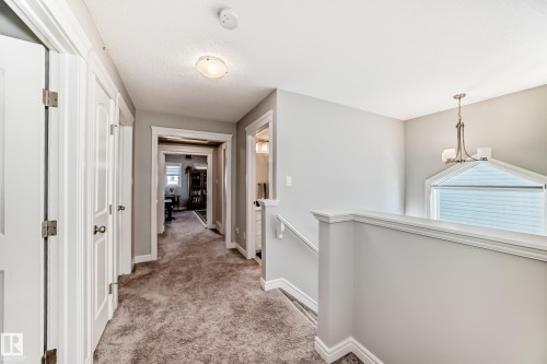 The property features a hallway with light gray walls, white trim, and gray carpeted flooring - 22407 99 Avenue, Edmonton, AB - Indoor Photo Showing Other Room