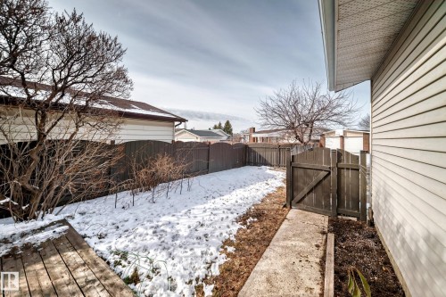The property features a fenced yard with a wooden gate and a concrete pathway leading to the side entrance - 16232 100 Street, Edmonton, AB - Outdoor