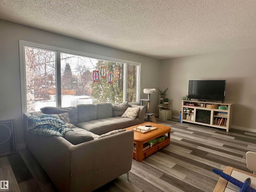 Living room featuring light grey walls, large windows, and grey wood-look flooring - 9915 95 Street, Westlock, AB - Indoor Photo Showing Living Room