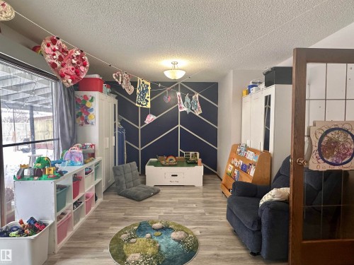 This room features a dark accent wall with a geometric pattern, light-colored flooring, and a glass-paned door - 9915 95 Street, Westlock, AB - Indoor Photo Showing Other Room