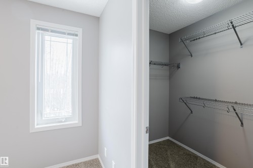This property includes a walk-in closet with wire shelving, carpeted flooring, and a ceiling light fixture - 14007 164 Avenue, Edmonton, AB - Indoor With Storage