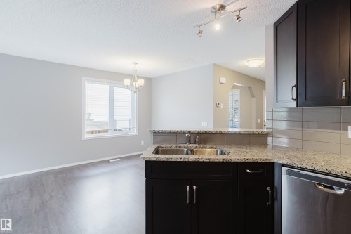 The kitchen features dark cabinetry, granite countertops, and a stainless steel sink, with a matching dishwasher - 14009 164 Avenue, Edmonton, AB - Indoor Photo Showing Kitchen With Double Sink