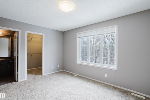 The property features a spacious room with light gray walls, carpeted flooring, and a large window providing views of trees - 14009 164 Avenue, Edmonton, AB - Indoor Photo Showing Other Room
