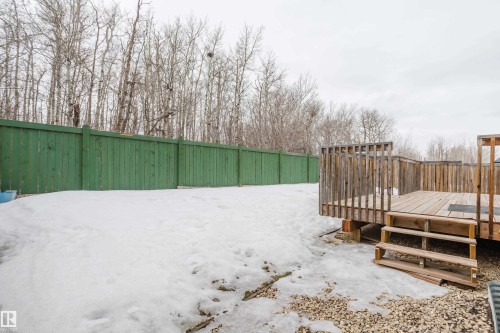 The property features a wooden deck with steps, a green privacy fence, and a wooded backdrop - 14009 164 Avenue, Edmonton, AB - Outdoor