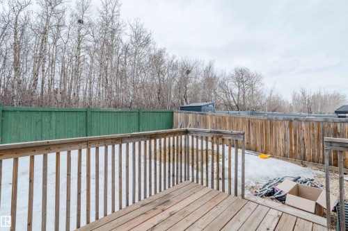 Outdoor deck overlooking the property's yard, featuring a wooden privacy fence and mature trees in the background - 14009 164 Avenue, Edmonton, AB - Outdoor