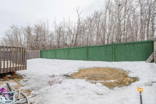 The property features a spacious yard with a wooden deck and a green wooden fence - 14009 164 Avenue, Edmonton, AB - Outdoor