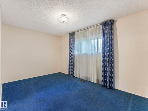 This room features blue carpeting, light-colored walls, and a window with both sheer and patterned blue curtains - 5904 84 Avenue, Edmonton, AB - Indoor Photo Showing Other Room