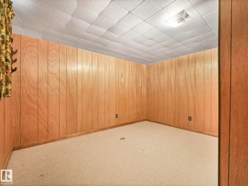 Room featuring wood paneling, light-colored carpeting, and a ceiling light fixture - 5904 84 Avenue, Edmonton, AB - Indoor Photo Showing Other Room