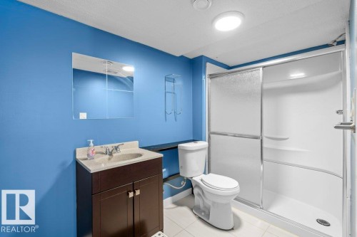 Bathroom featuring a vanity with a countertop sink, a toilet, and a stand-up shower with a sliding glass door - 1227 Secord Landing, Edmonton, AB - Indoor Photo Showing Bathroom