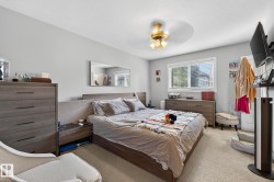 The property features a bedroom with light grey walls, carpeted floors, and a ceiling fan with integrated lighting - 