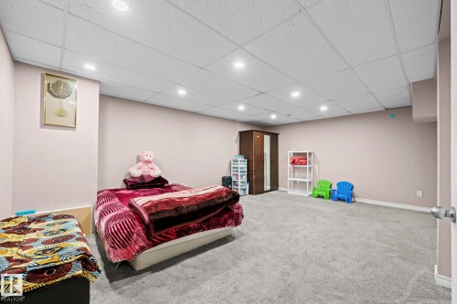The interior space features a light-colored carpet, a drop ceiling with recessed lighting, and neutral-toned walls - 5418 17A Avenue, Edmonton, AB - Indoor