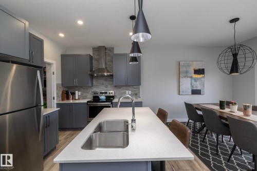 The kitchen features grey cabinetry, stainless steel appliances, a white countertop, and a double basin sink - 20650 94A Avenue, Edmonton, AB - Indoor Photo Showing Kitchen With Upgraded Kitchen