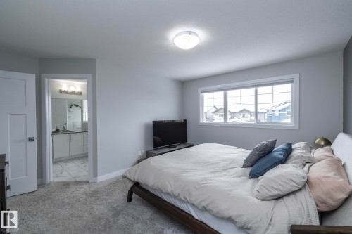 Bedroom featuring light grey walls, carpet flooring, a window with white trim, and a ceiling light fixture - 20650 94A Avenue, Edmonton, AB - Indoor Photo Showing Bedroom