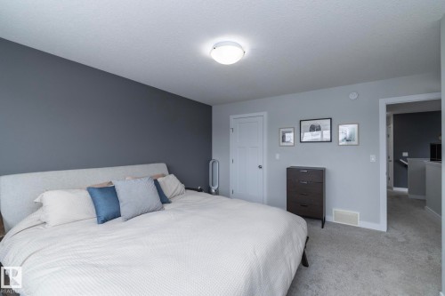 This bedroom features a light grey carpet, a feature wall in a dark grey hue, and a light grey wall with a white paneled door - 20650 94A Avenue, Edmonton, AB - Indoor Photo Showing Bedroom