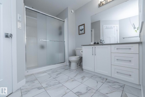Bathroom with a glass-enclosed shower, a vanity with a grey countertop, and a large mirror - 20650 94A Avenue, Edmonton, AB - Indoor Photo Showing Bathroom
