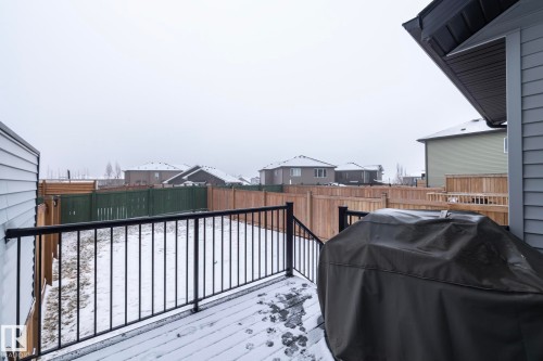 The property features a wood deck with a black metal railing, overlooking a fenced yard - 20650 94A Avenue, Edmonton, AB - Outdoor With Exterior