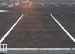 Paved parking area featuring white parking space lines and a concrete parking curb - 