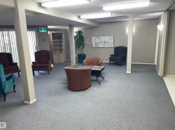 Spacious community room featuring grey carpeting, recessed lighting, and ample seating arrangements - 