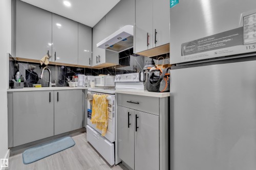 The kitchen features grey cabinetry, a stainless steel refrigerator, and a black and white patterned backsplash - 2630 16A Ave Nw, Edmonton, AB - Indoor Photo Showing Kitchen