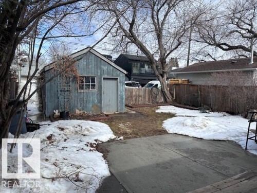 The property features a backyard with a concrete patio area, a wooden fence, and mature trees - 8736 76 Avenue, Edmonton, AB - Outdoor