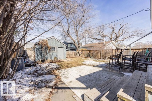 The property features a spacious yard with a shed, a wooden fence, and mature trees - 8736 76 Avenue, Edmonton, AB - Outdoor