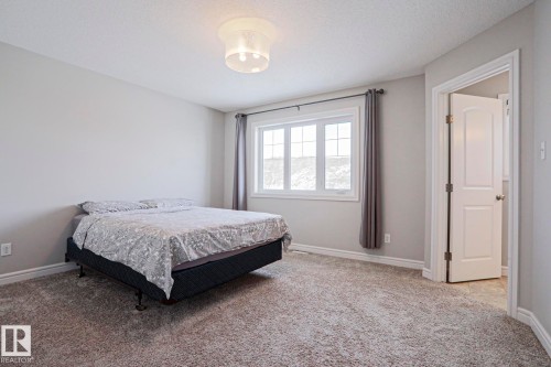 This room features light grey walls, carpeted flooring, and a window with white trim - 1424 Mcconachie Boulevard, Edmonton, AB - Indoor Photo Showing Bedroom