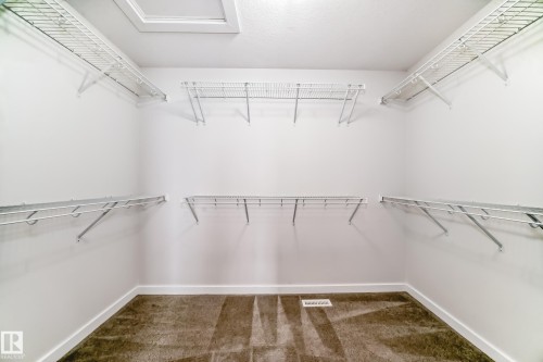 Spacious walk-in closet featuring wire shelving, white trim, and carpeted flooring - 2935 Chokecherry Common, Edmonton, AB - Indoor With Storage