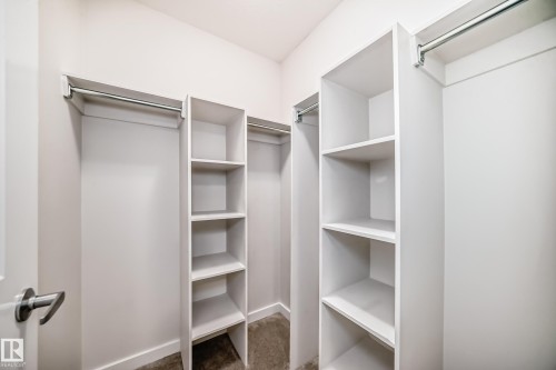 This closet features built-in white shelving, hanging rods, and carpeting - 2935 Chokecherry Common, Edmonton, AB - Indoor With Storage